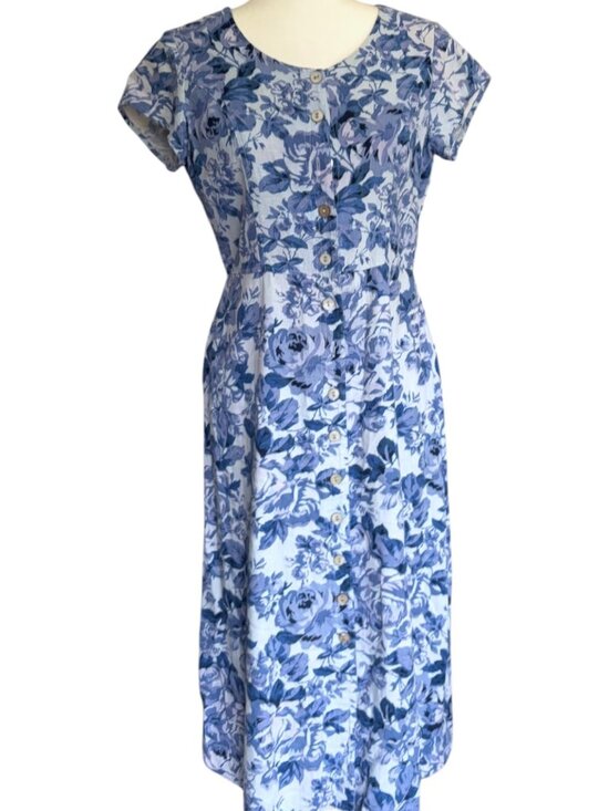 Vintage Dresses & Skirts - Vintage Linen Button Front Floral Rose Blue Midi Dress Cottagecore Size Medium